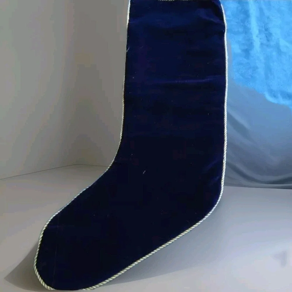 Christmas Stocking‎ Needlepnt NOEL Bears Navy Blue Velvet Gold Trim X Stitch EUC